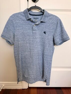 Express Men's Heathered Light Blue Polo with Embroidered Lion